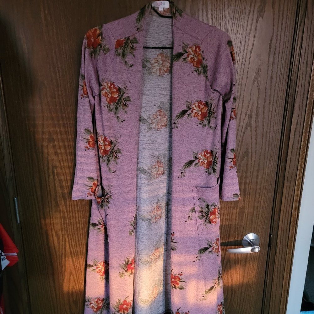 Lovely Lavender Rose Floral Print LuLaRoe Duster Cardigan Size Small